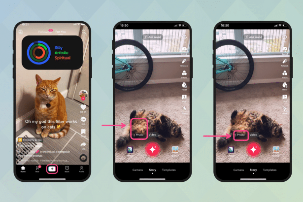 A collage of three smartphone screens displaying the TikTok app, illustrating steps for uploading content. The first screen shows a cat video, the sec