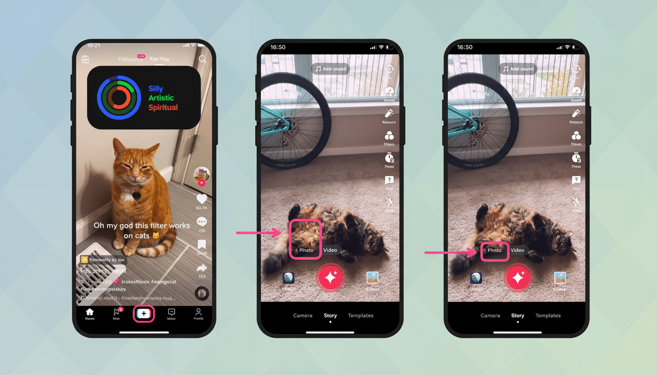 A collage of three smartphone screens displaying the TikTok app, illustrating steps for uploading content. The first screen shows a cat video, the sec