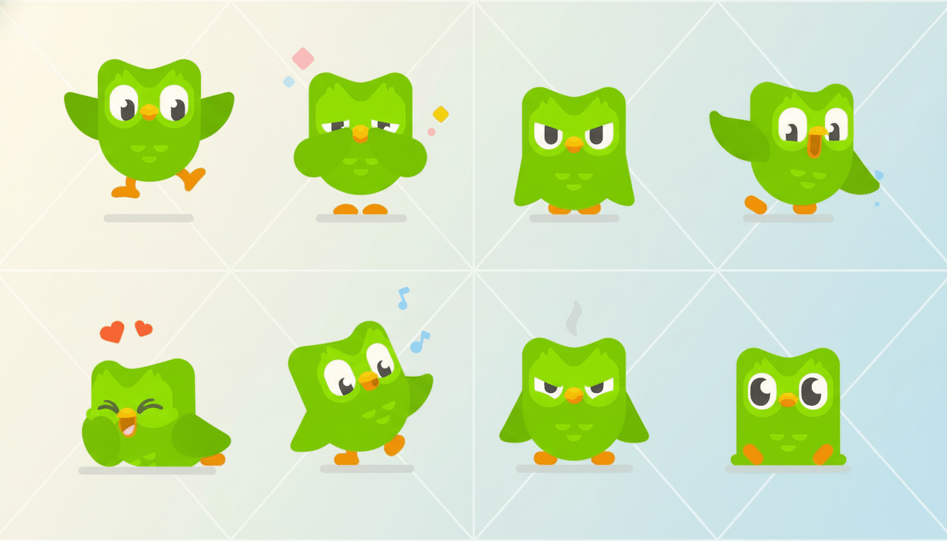 The 16 :9 aspect ratio image displays eight different expressions of the Du olingo owl, Duo, on a pr
