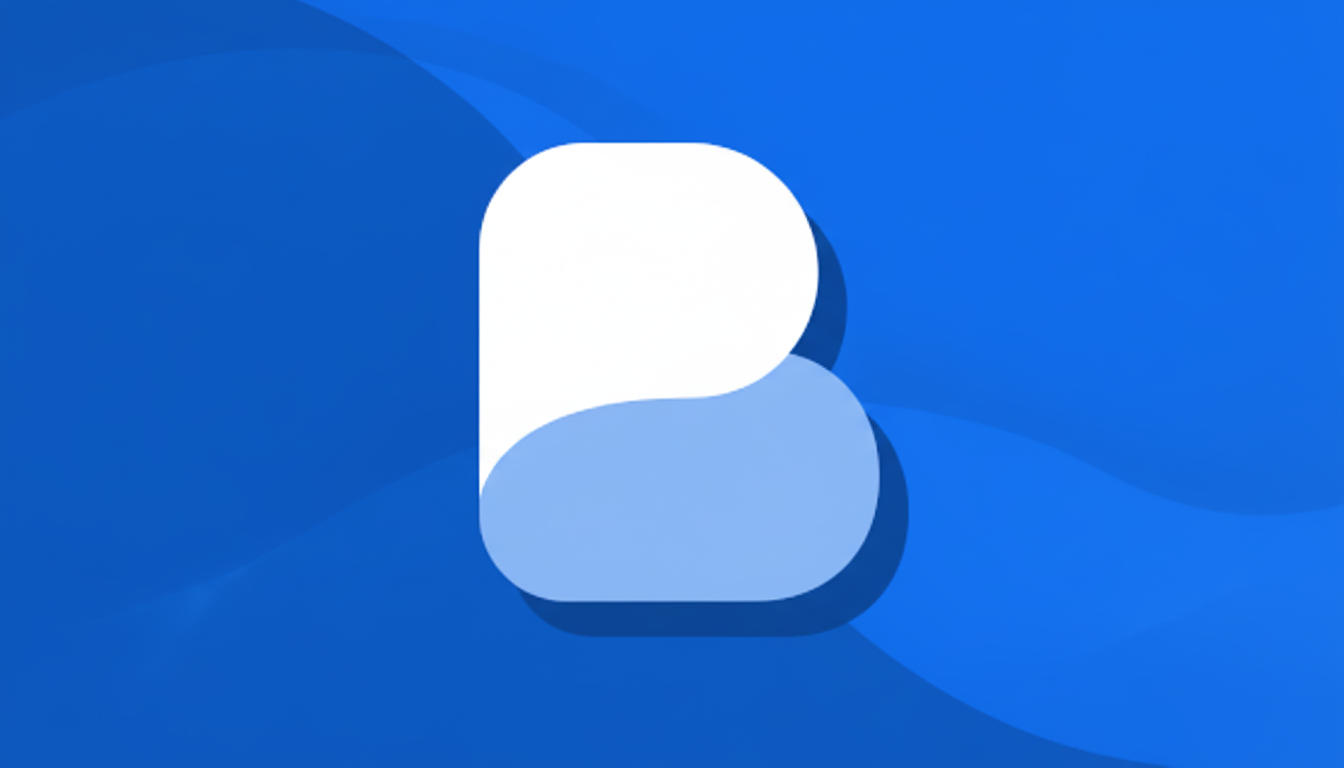 A professional 16:9 aspect ratio image featuring a white and light blue B shaped icon with a subtle shadow, set against a dark blue background with soft, wavy patterns.