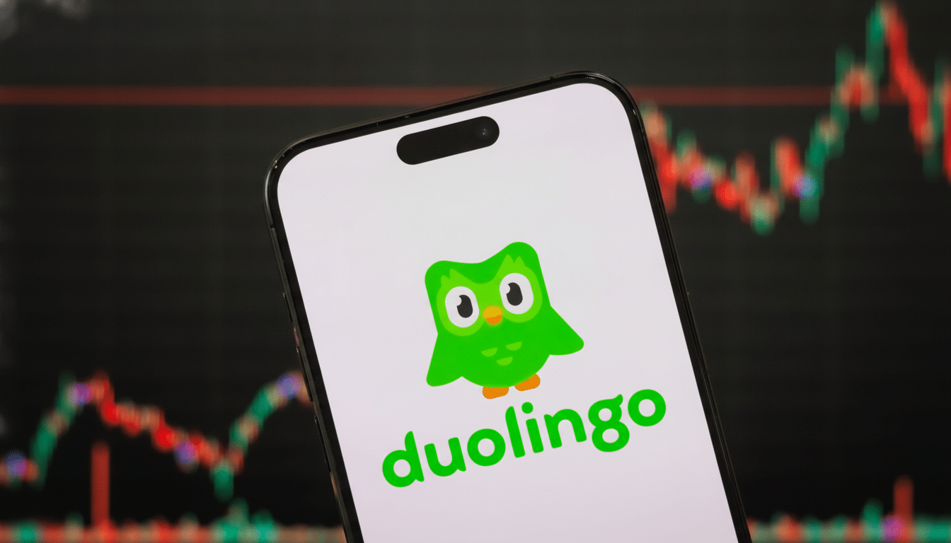 A smartphone displaying the Du olingo app logo and name on its screen, with a blurry background showing a stock chart.