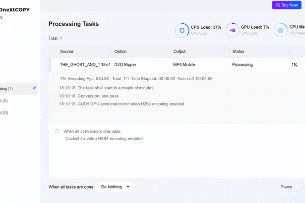 A screenshot of the DVDNext COPY software interface displaying processing tasks. The main section shows THE GHOST ANDT. Title1 being ripped to MP4.Mobile format , with the process at 1%. CPU load , GPU load, and GPU memory usage are also displayed.