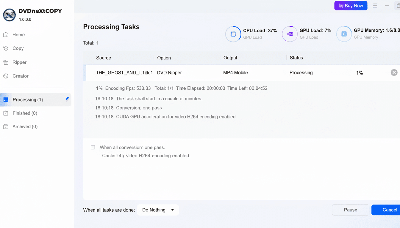 A screenshot of the DVDNext COPY software interface displaying processing tasks. The main section shows THE GHOST ANDT. Title1 being ripped to MP4.Mobile format , with the process at 1%. CPU load , GPU load, and GPU memory usage are also displayed.