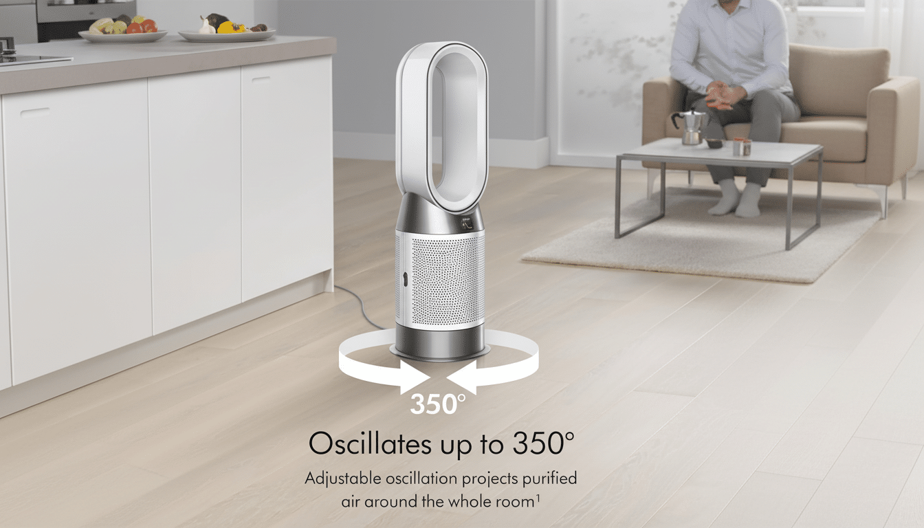 A white and silver Dyson air purifier is shown in a modern living space , with text indicating it oscillates up to 350 degrees. A person is sitting on a sofa in the background.