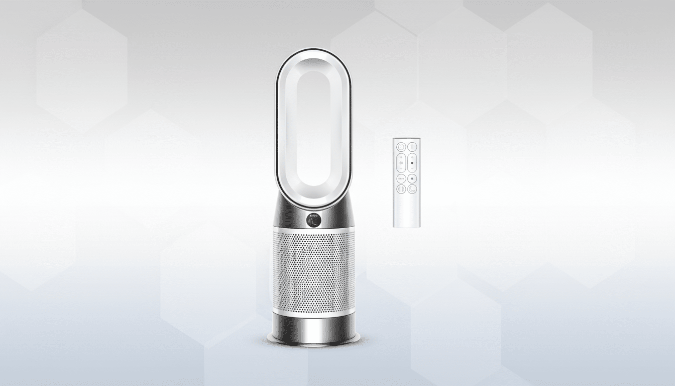 A professional 16:9 image of a Dyson air purifier and its remote control, set against a subtle white and grey geometric background.