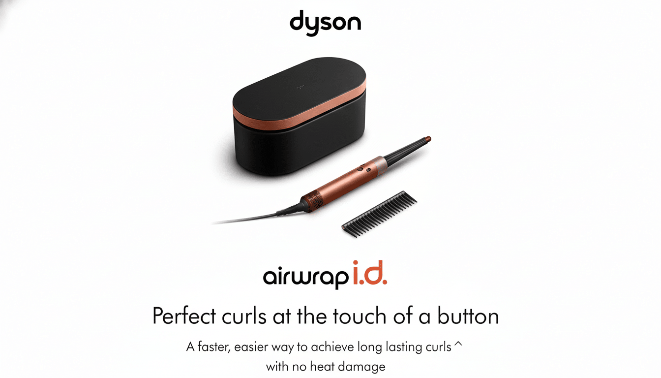Dyson Air wrap i.d . styling kit with a black and rose gold case , styling wand , and comb, set against a white background with text.
