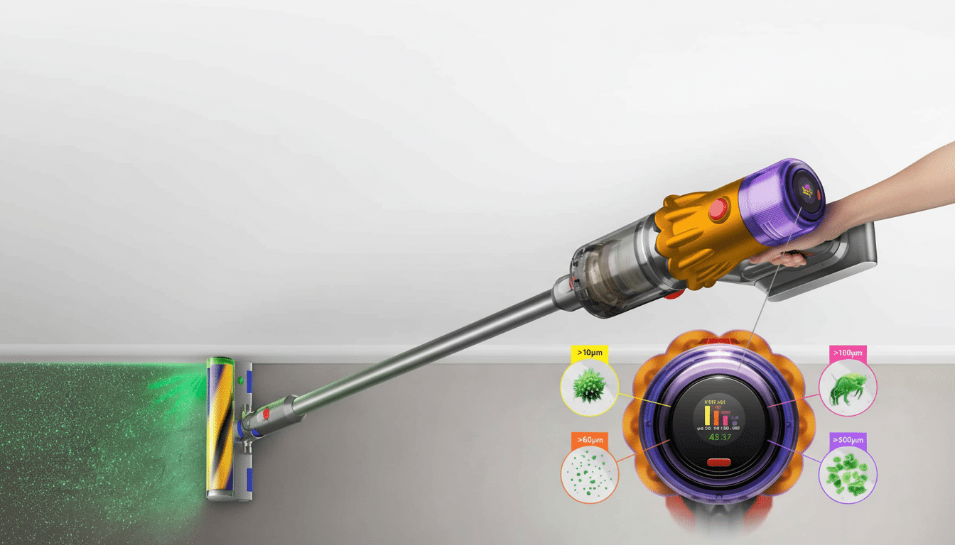 A professional 16: 9 image of a Dyson Gen 5 detect vacuum cleaner in action, with a hand holding the device. The vacuum head illuminates dust particle