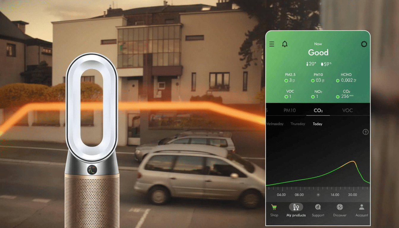 A Dyson air purifier with a gold base and white top sits in the foreground, with an out -of-focus street and buildings behind it. To the right, a smar