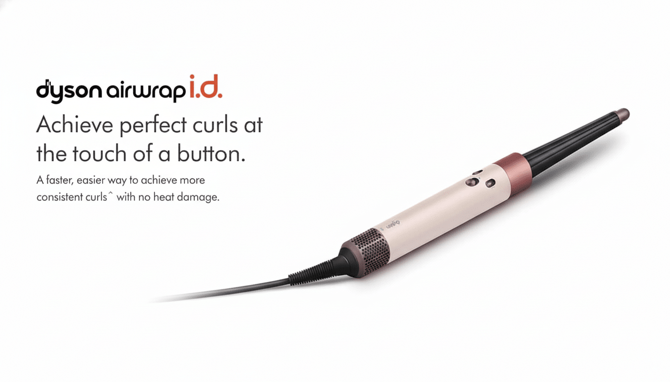 Dyson Air wrap i.d . hair styl er with text  Achieve perfect curls at the touch of a button. A faster, easier way to achieve more consistent curls^ with no heat damage .