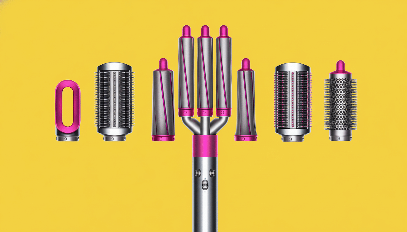 Dyson Airwrap attachments displayed on a vibrant yellow background, including brushes and curling barrels , with the main styling wand at the bottom center. Filename : dyson airwrapattachments yellowbackground .png