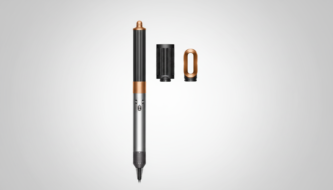 A Dyson Airwrap multi-styler in silver and rose gold, with two attachments, presented on a professional flat gray background with a subtle gradient.