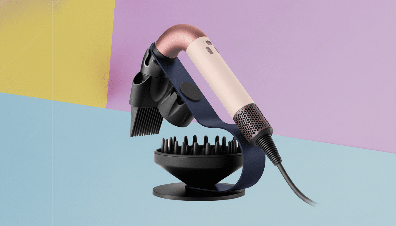 A professional shot of a modern hair dryer with multiple attachments, including a diffuser and a wide -tooth comb, sitting on a stand against a softly blended background of blue , purple, and yellow. Filename : hairdry erattachments professional. png
