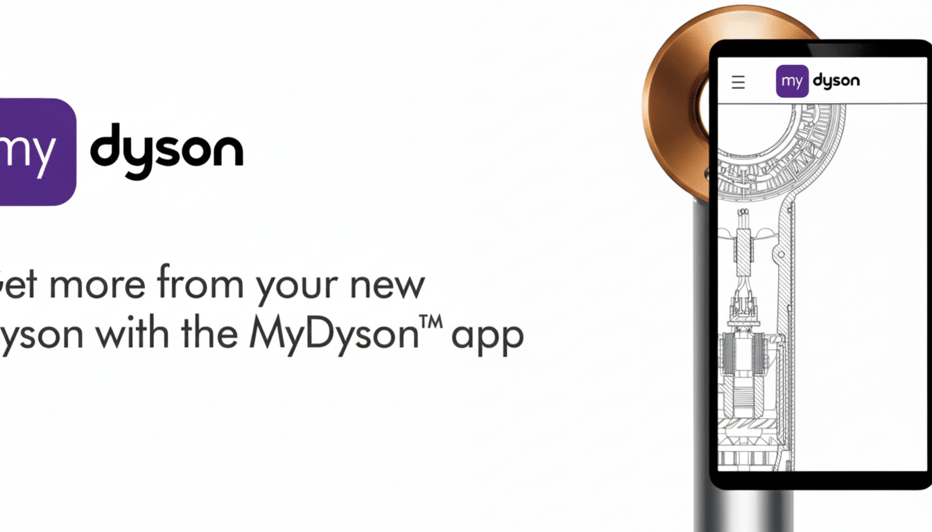 The My Dyson app logo with text Get more from your new Dyson with the MyDyson ™ app next to a smartphone displaying the app interface, partially obscu