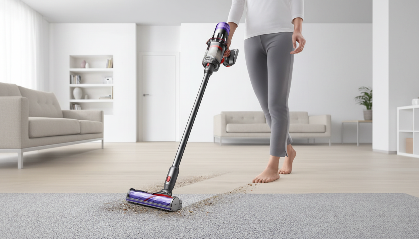 A person vacuuming a carpet with a Dyson cordless vacuum cleaner in a modern living room.