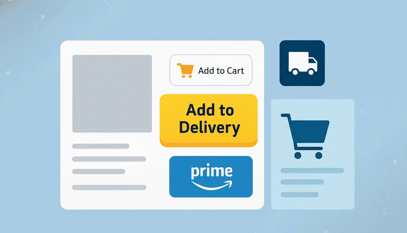 A professional flat design illustrating an e-commerce interface with an Add to Cart button , an Add to Delivery button , and a  Prime button, alongside a product image placeholder and shopping cart icons, set against a light blue background with subtle geometric patterns.