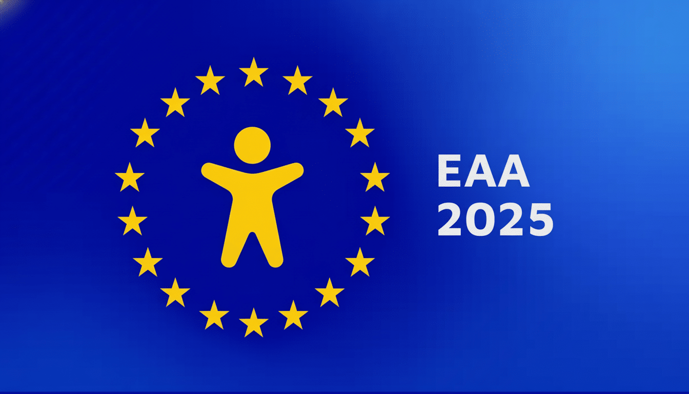 The European Union flag with a yellow human figure inside the circle of stars and the text E AA 20 25 on the right, all against a blue background with a subtle gradient .