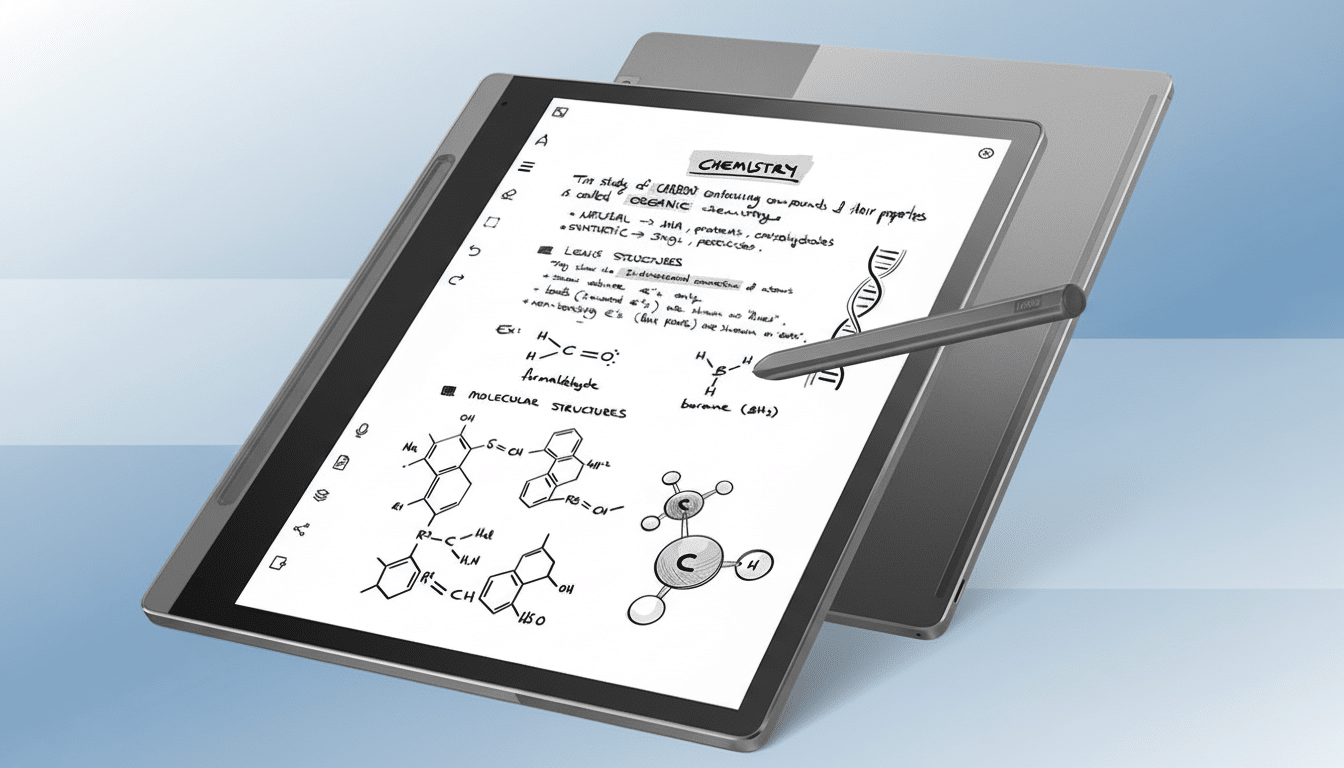 A grey digital tablet with a stylus, displaying chemistry notes on its screen, set against a subtle blue gradient background.