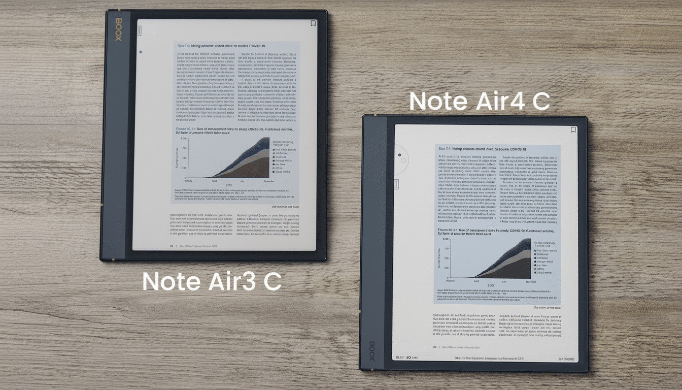 A comparison of two e -readers, the Note Air3 C and Note Air4 C, displaying text and graphs on their screens, with Note Air3 C and Note Air4 C labels
