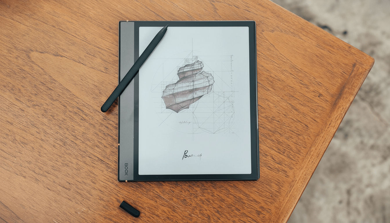 An e -reader with a stylus displaying a technical drawing of a spiral object, resting on a wooden table.