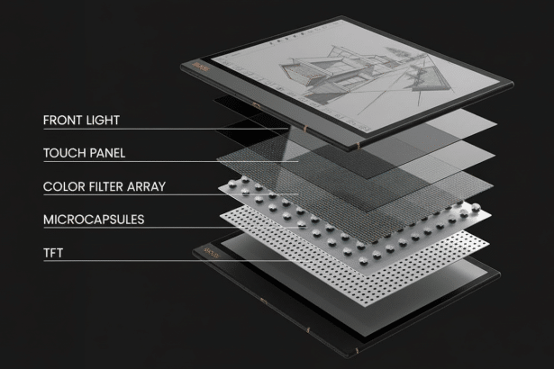 An exploded view diagram of an e -reader tablet, showing its internal layers including the front light, touch panel, color filter array, microcapsules