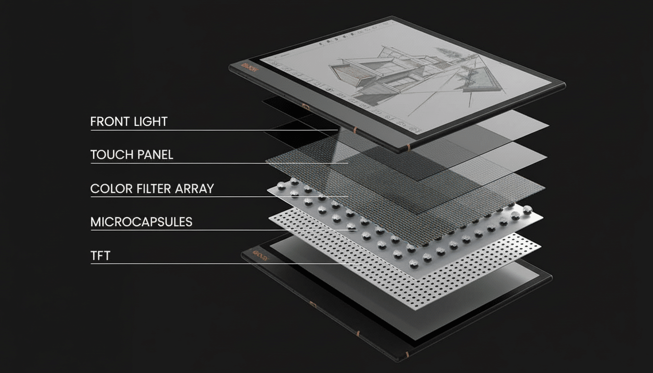 An exploded view diagram of an e -reader tablet, showing its internal layers including the front light, touch panel, color filter array, microcapsules