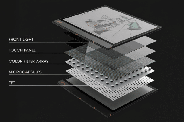 An exploded view diagram of an e -reader tablet , showing the layers including front light, touch panel , color filter array , microcapsules , and TFT.