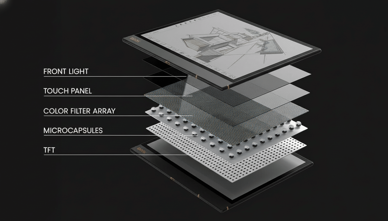 An exploded view diagram of an e -reader tablet , showing the layers including front light, touch panel , color filter array , microcapsules , and TFT.