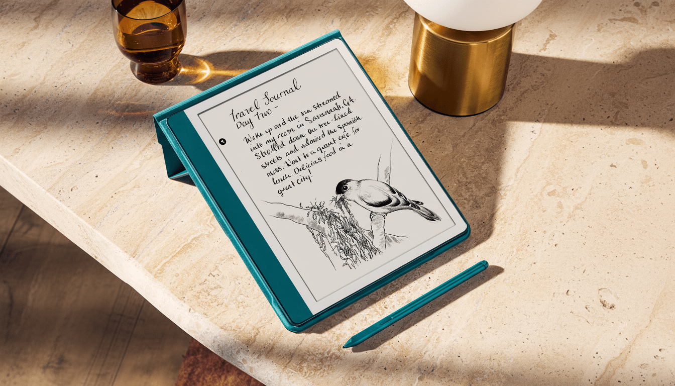 An e -reader with a teal cover displaying a travel journal entry and a bird illustration, placed on a light -colored, textured surface with a glass an