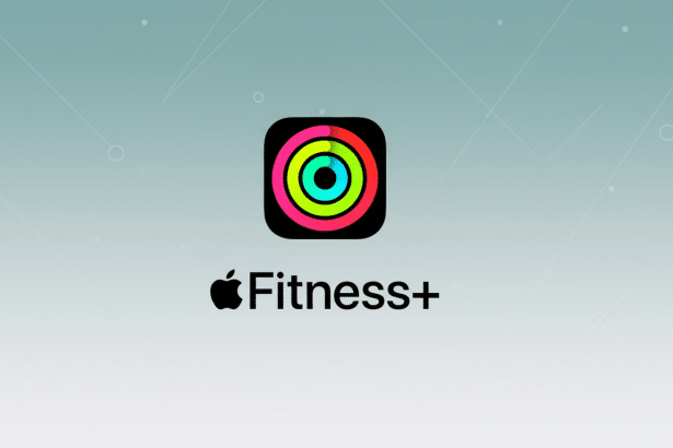The Apple Fitness+ logo, featuring a colorful activity rings icon above the text Fitness + with the Apple logo , set against a professional soft grey gradient background with subtle geometric patterns. Filename : applefitness pluslogo. png