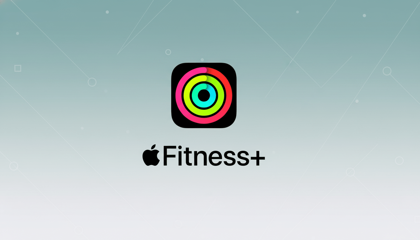 The Apple Fitness+ logo, featuring a colorful activity rings icon above the text Fitness + with the Apple logo , set against a professional soft grey gradient background with subtle geometric patterns. Filename : applefitness pluslogo. png