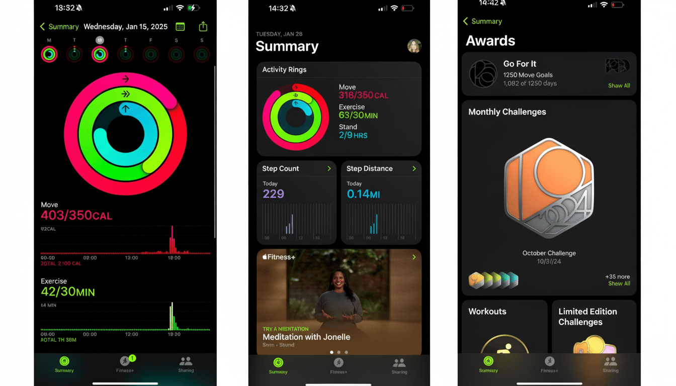 Three dark -themed Apple Watch Activity app screenshots displayed side-by- side on a single wide screen . The left screen shows a summary of move and exercise goals with activity rings, the middle screen displays activity rings, step count, step distance, and a Fitness+ meditation session with a person , and the right screen shows awards and monthly challenges, including an October Challenge badge .