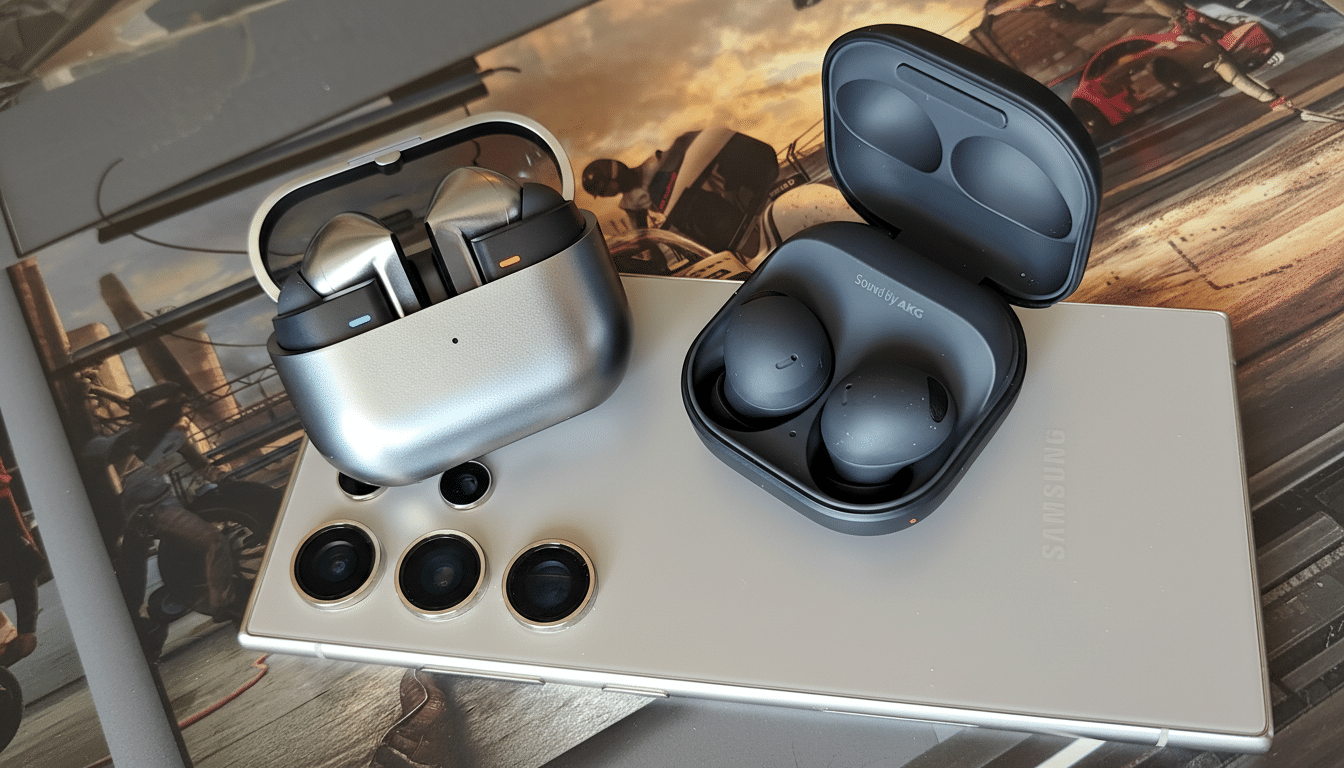 A 16:9 aspect ratio image of two pairs of earbuds in their open cases, placed on top of a Samsung smartphone .