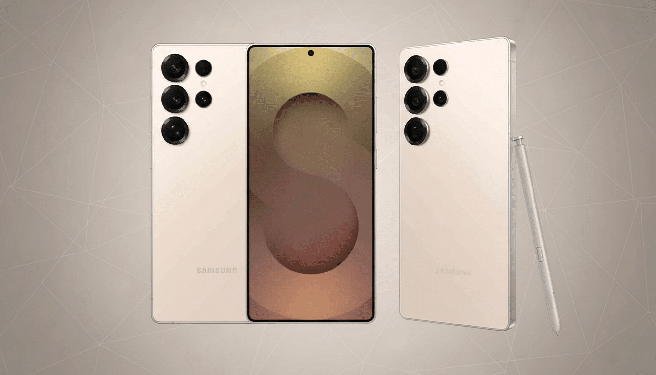 A professional image of two Samsung Galaxy S2 3 Ultra phones in a light beige color, shown from the front and back, with an S Pen stylus next to one.