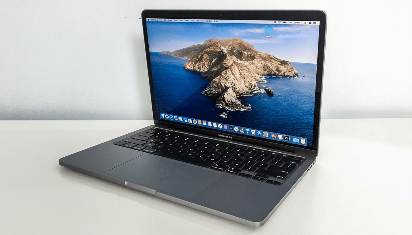 A professional shot of a silver MacBook Pro with its screen displaying a scenic island landscape , set against a plain white background.