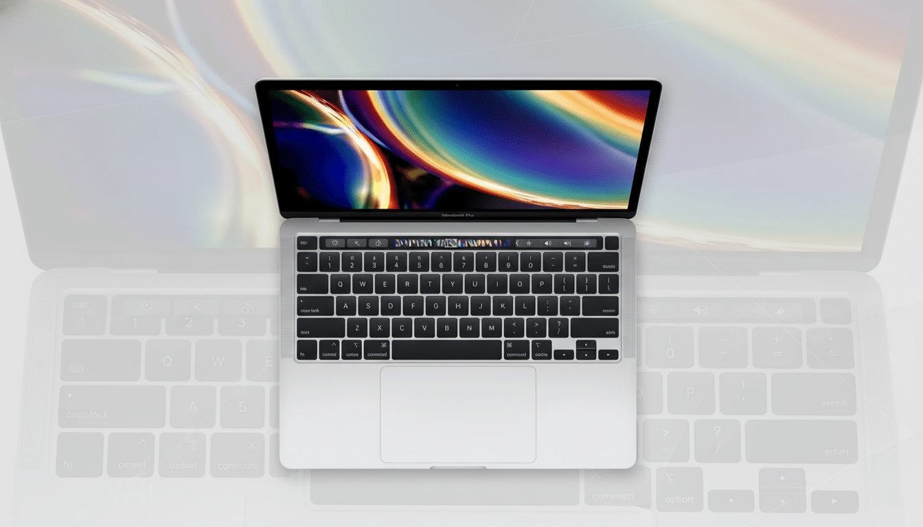 An overhead view of a silver MacBook Pro with a colorful abstract desktop background, set against a subtle, light-colored professional flat design background with soft , blurred patterns. Filename : macbook prooverhead professional . png