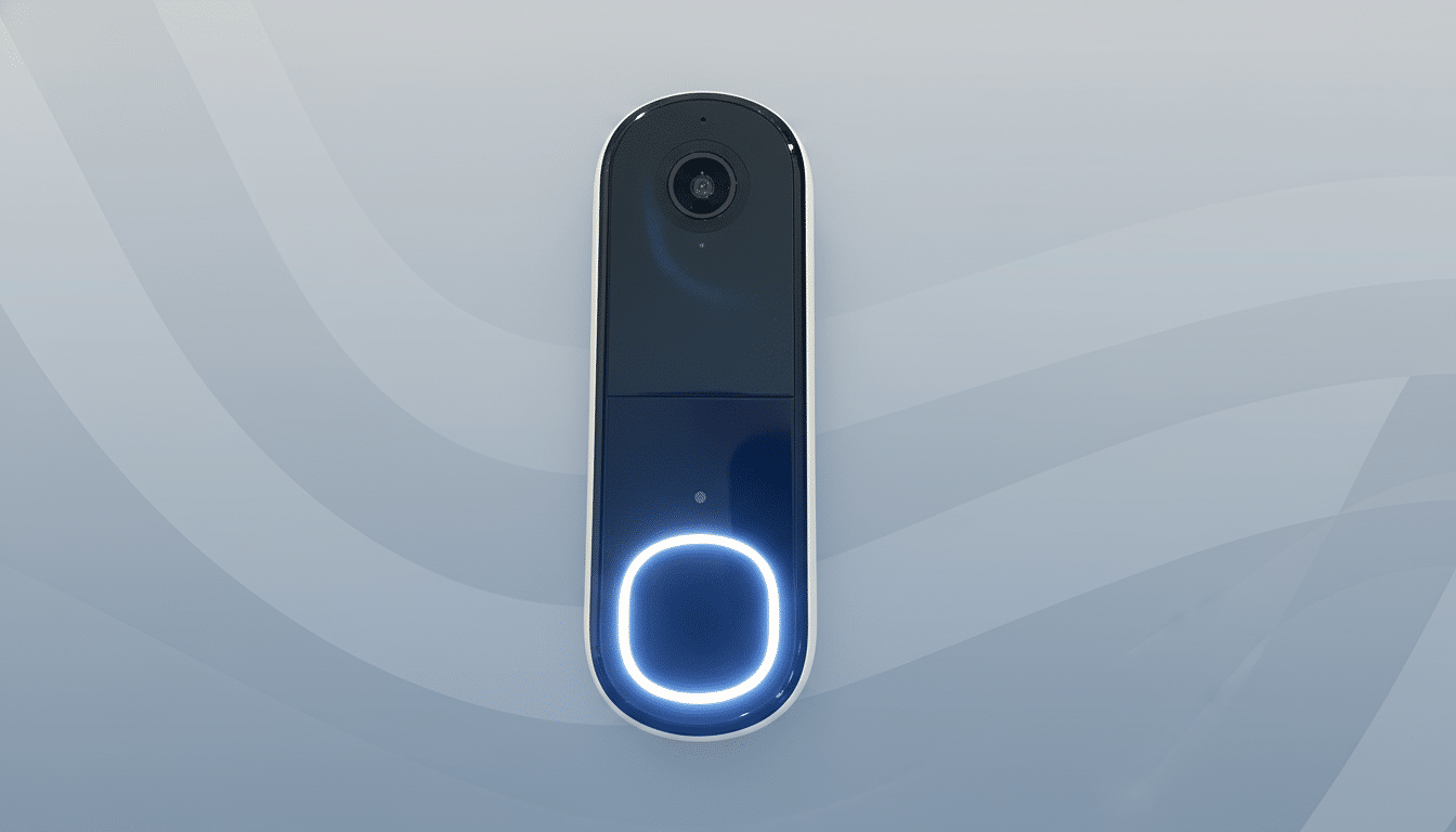 A modern smart doorbell with a camera and a glowing blue button, presented on a subtle gray background with soft , flowing wave patterns, resized to a 1 6:9 aspect ratio. Filename : smartdoor bell16 x 9. png