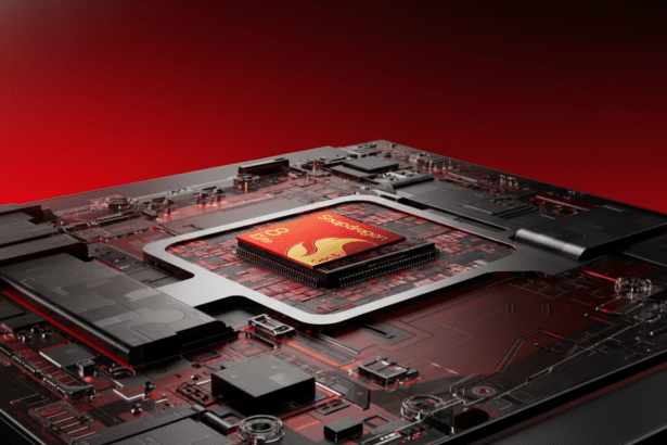 A close-up , angled view of a Snapdragon 8 Elite Gen 5 processor chip embedded in a circuit board with red and black accents .