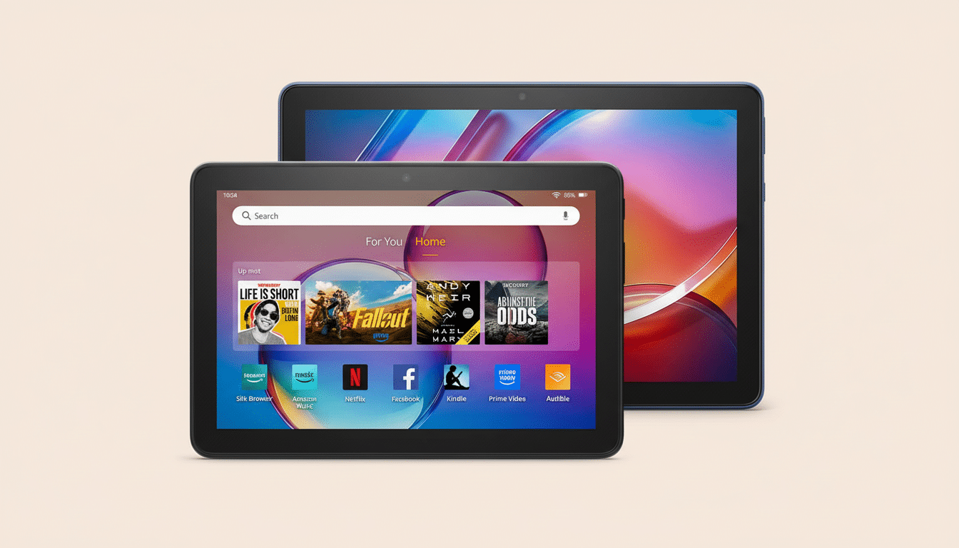 Two Amazon Fire tablets, one in the foreground displaying the home screen with various app icons and media, and another larger tablet slightly behind
