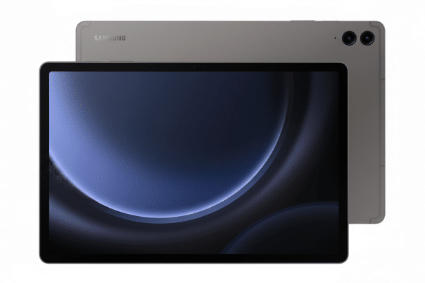 A Samsung tablet with a dark gray back and a display showing a dark blue and purple abstract image. Filename : samsungtablet display . png