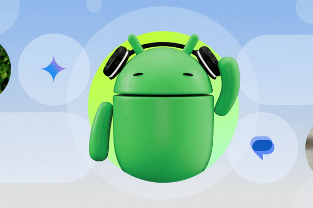 A 3 D rendering of the Android mascot wearing headphones , set against a background of stylized chat
