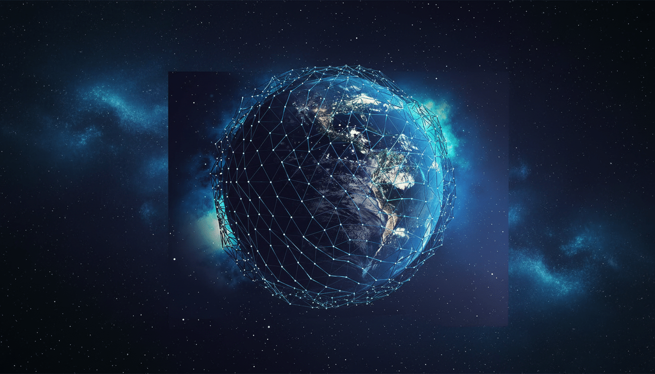 An enhanced 16: 9 image of Earth with a blue network grid overlaid, set against a dark blue cosmic background with neb ulae.