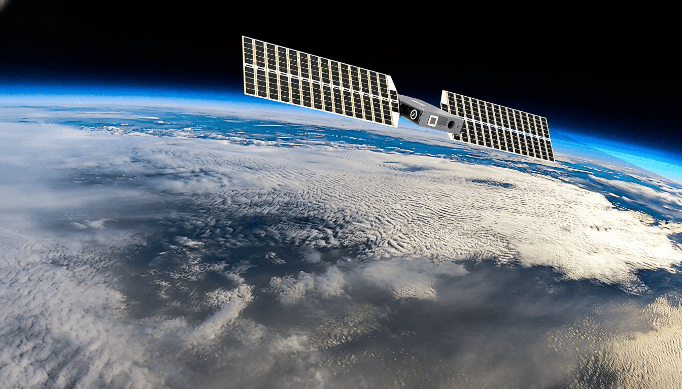 A satellite with large solar panels orbiting above Earth, with a clear view of the planet's blue atmosphere and white clouds against the blackness of space.