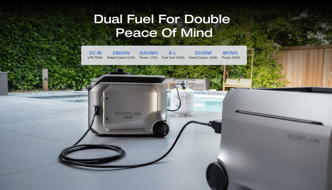 A grey portable power station , branded Ec oflow, is connected to an external LPG tank and another power unit with cables by a swimming pool. Text overlay reads Dual Fuel For Double Peace Of Mind and lists specifications like 20 LB LPG TANK and 29 00W Rated Output (LPG ).