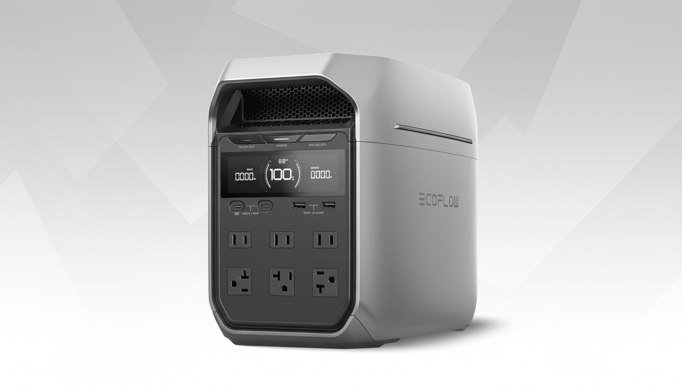 An Ec oflow portable power station with a professional flat design background.