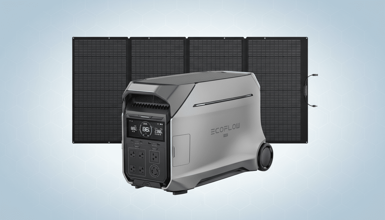 An EcoFlow power station in silver and black, with a display showing power statistics , connected to four black solar panels, set against a professional light blue geometric background.