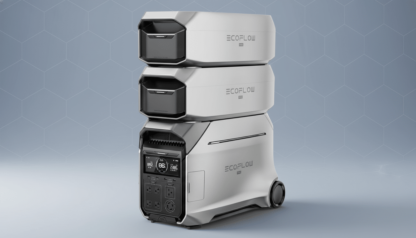 A professional image of three stacked EcoFlow PRO portable power stations , presented at a 16 :9 aspect ratio with a subtle patterned background. Filename : ec oflowpro stacked powerstations .png