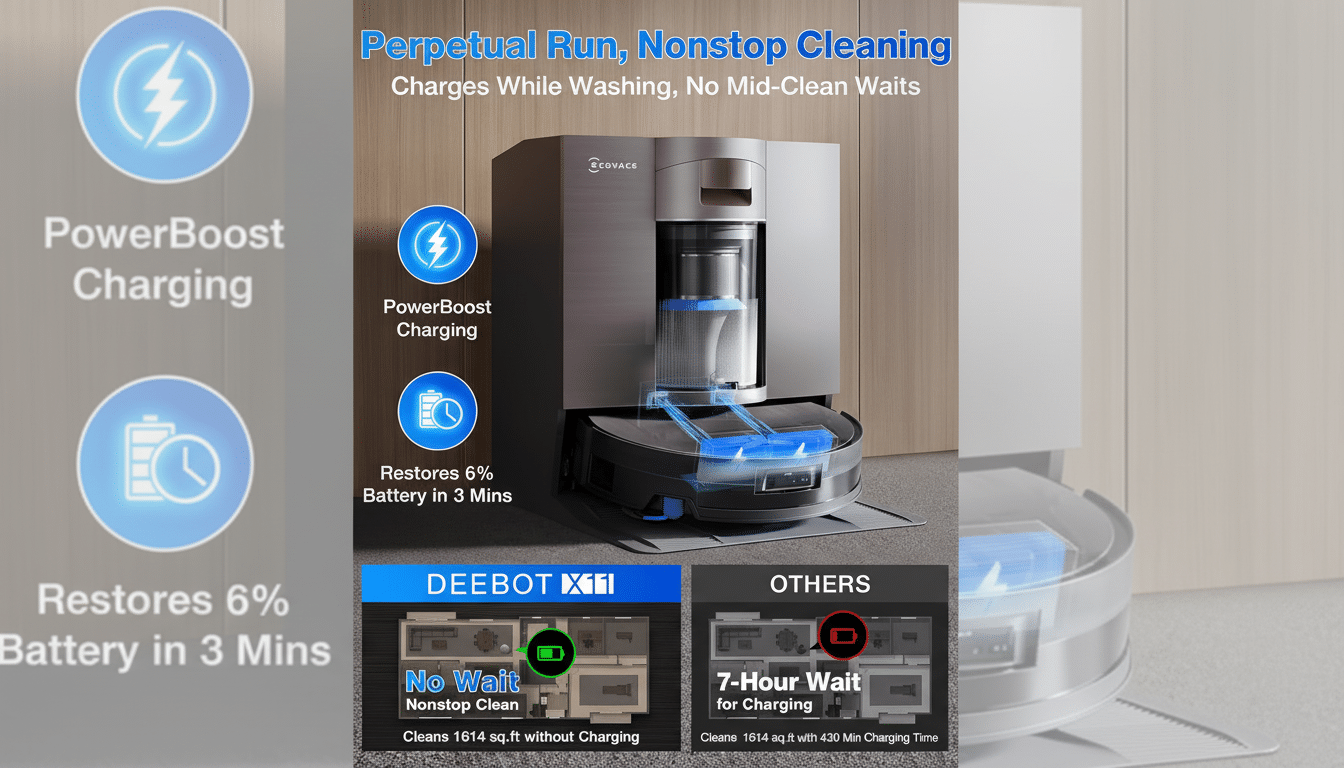 An advertisement for the Ec ovacs De ebot X1 O MNI robot vacuum cleaner, showing it docking with its charging station and two comparison charts highlighting its Perpetual Run , Nonstop Cleaning feature against competitors . The image has been resized to a 16:9 aspect ratio.