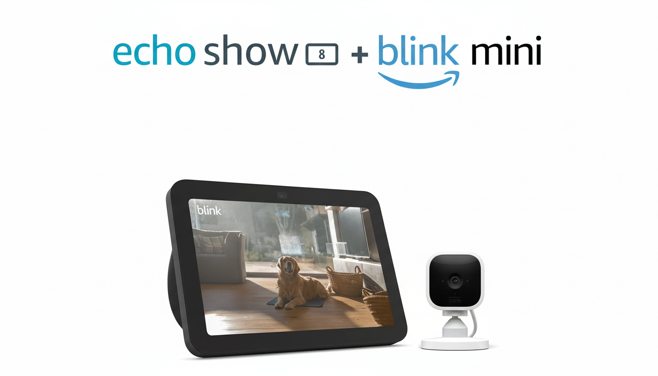 A professional image showcasing the Amazon Echo Show 8 and Blink Mini camera . The Echo Show 8 displays a golden retriever on its screen , and both devices are against a clean white background. Above them, the text echo show 8 + blink mini is displayed with the Amazon logo. Filename : echoshow 8blink miniproduct .png