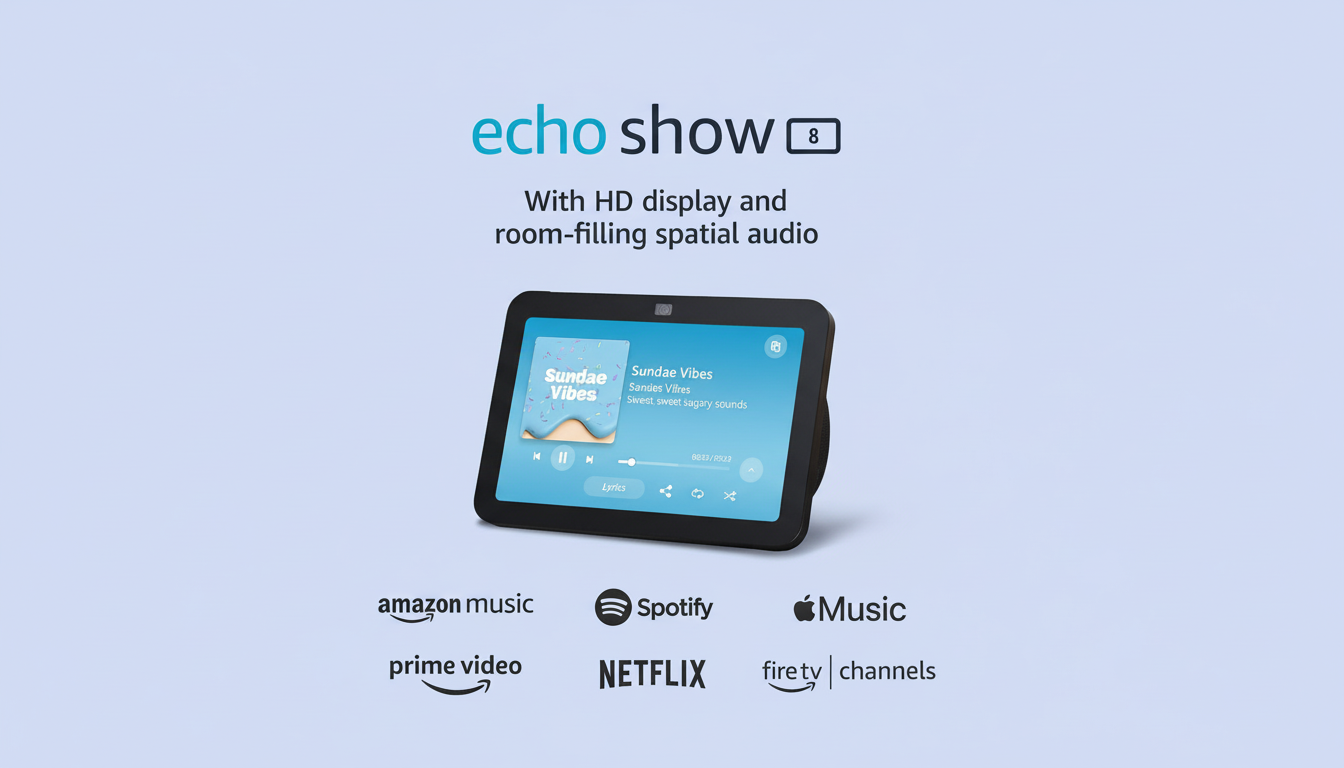 An Amazon Echo Show 8 device displaying music playback, with text echo show 8 and With HD display and room-filling spatial audio above it. Below the device are logos for Amazon Music, Spotify, Apple Music, Prime Video, Netflix, and Fire TV Channels, all set against a light blue background.