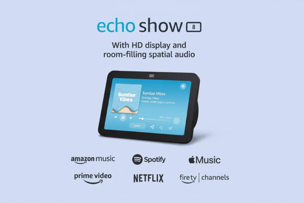 A professional image of the Echo Show 8 device , featuring its HD display showing Sundae Vibes music playing , with text highlighting its spatial audio and compatibility with Amazon Music, Spotify , Apple Music, Prime Video, Netflix , and Fire TV channels. The background is a soft, light blue gradient .